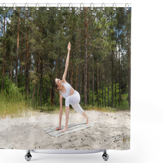 Personality  Full Length Of Happy Young Woman Doing Lunge Twist On Yoga Mat In Forest  Shower Curtains