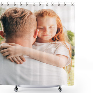 Personality  Adorable Redhead Child With Closed Eyes Hugging Father At Park Shower Curtains