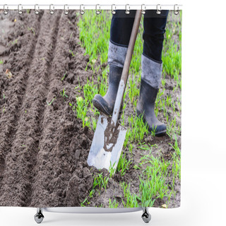 Personality  Farmer Digging In The Garden. Spring Gardening. Preparing Soil For Planting. Shower Curtains