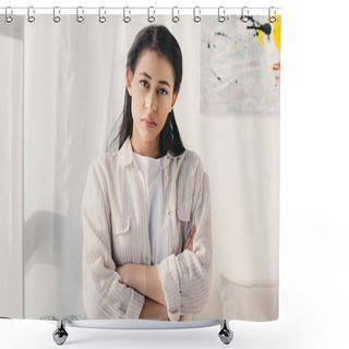 Personality  Serious Latin Woman Standing With Crossed Arms And Looking At Camera Shower Curtains