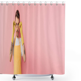 Personality  Panoramic Shot Of Confident Young Man In Apron And Rubber Gloves Touching Glasses On Pink Background Shower Curtains