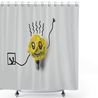 Personality  Top View Of Crumpled Paper As Light Bulb With Smile And Plug, Electricity Concept Shower Curtains