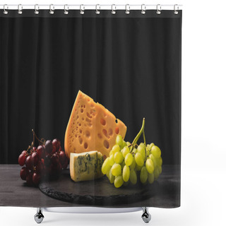 Personality  Blue Cheese And Emmental On Board With Grapes On Black Shower Curtains
