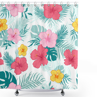 Personality  Lovely Hand Drawn Tropical Flowers And Leaves Seamless Pattern, Hibiscus And Palm Tree Leaves, Great For Textiles, Banners, Wallpapers - Vector Design Shower Curtains