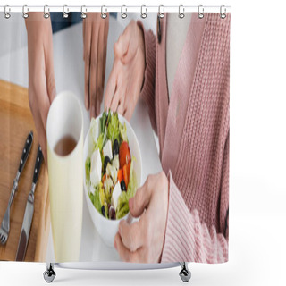 Personality  Cropped View Of Multiracial Social Worker Serving Lunch Near Senior Woman, Banner  Shower Curtains