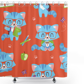 Personality  Vector Cartoon Style Kawaii Nerd Cat Set Shower Curtains