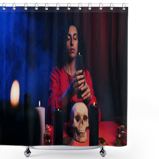 Personality  Oracle With Closed Eyes Holding Burning Candle Near Skull And Blue Smoke On Dark Background Shower Curtains