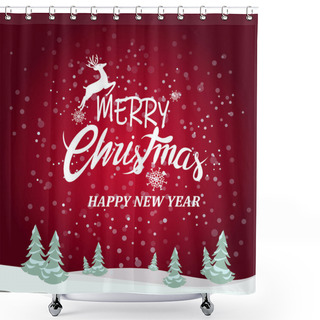 Personality  Vector With Merry Christmas And Happy New Year Lettering Near Deer And Pines On Red Shower Curtains