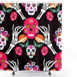 Personality  Mexican Seamless Pattern, Sugar Skulls And Colorful Flowers. Template  For Mexican Celebration, Traditional Mexico Skeleton Decoration. Dia De Los Muertos, Day Of The Dead .Vector Illustration. Shower Curtains