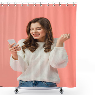 Personality  Happy And Attractive Woman In White Sweater Holding Smartphone Isolated On Pink Shower Curtains