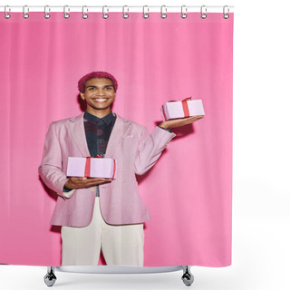 Personality  Cheerful Young Male Model Posing With Presents In Hands On Pink Backdrop, Acting Like Doll Shower Curtains