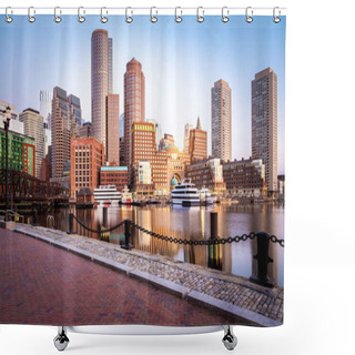 Personality  The Iconic Boston Harbor At Sunrise In Massachusetts, USA. A Post Card Of Boston. Shower Curtains