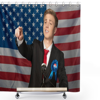 Personality  Confident Man Pointing With Finger On Tribune On American Flag Background Shower Curtains