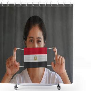 Personality  A Woman In White Shirt With Egypt Flag On Hygienic Mask In Her Hand And Lifted Up The Front Face On Dark Grey Background. Tiny Particle Or Virus Corona Or Covid 19 Protection. Concept Of Combating Illness. Shower Curtains