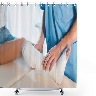Personality  Cropped View Of Orthopedist Touching Fractured Leg Of Woman  Shower Curtains
