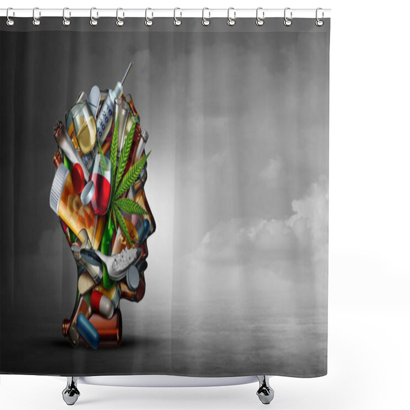 Personality  Drug Addiction Concept And Substance Dependence As A Junkie Symbol Or Addict Health Problem With Cocaine Hroin Cannabis Alcohol And Prescription Pills With 3D Illustration Elements. Shower Curtains