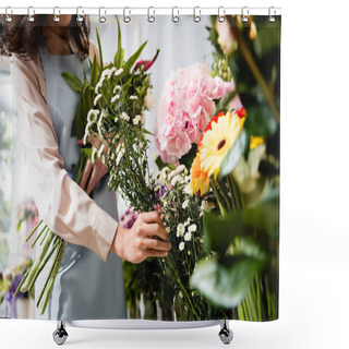 Personality  Cropped View Of Florist Taking Branch Of Chrysanthemum, While Gathering Bouquet In Flower Shop On Blurred Foreground Shower Curtains