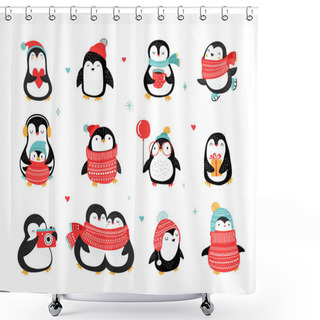 Personality  Cute Hand Drawn Penguins Collection, Merry Christmas Greetings. Vector Illustration Shower Curtains