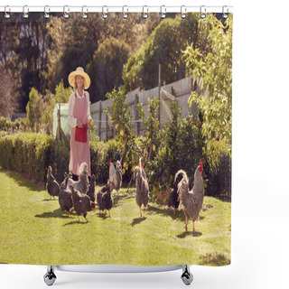 Personality  Senior Woman In Backyard With Chickens Shower Curtains