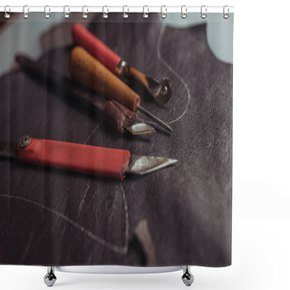 Personality  Selective Focus Of Cutters, Awl And Tracing Wheel On Genuine Leather In Workshop Shower Curtains
