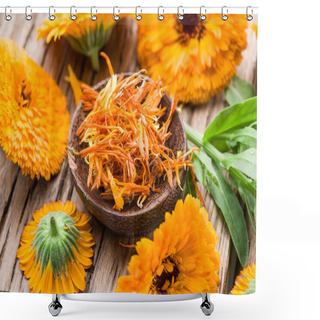 Personality  Calendula Or Marigold Flowers On The Old Wooden Table. Shower Curtains