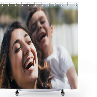 Personality  Selective Focus Of Happy Mother Laughing With Cute Son Shower Curtains