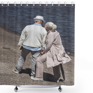 Personality  Senior Couple Walking On River Shore Shower Curtains