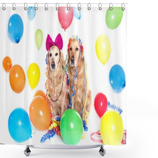 Personality  Two Golden Retriever  At Party Shower Curtains