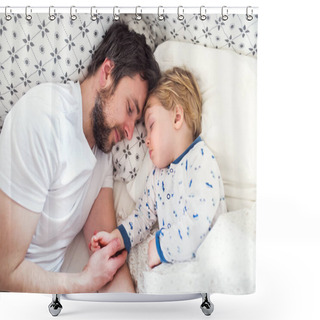 Personality  Father Holding Hand Of A Sleeping Toddler Boy In Bed At Home. Shower Curtains