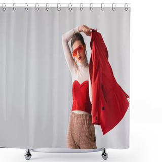 Personality  Fashionable Girl In Sunglasses Holding Red Blazer While Looking At Camera Isolated On Grey Shower Curtains