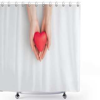 Personality  Top View Of Hands Holding Red Heart Isolated On White Background    Shower Curtains