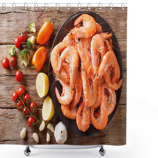 Personality  Boiled Tiger Shrimps On A Plate And Fresh Vegetables Close-up On A Table. Horizontal  Top View From Abov Shower Curtains