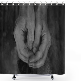 Personality  Hands Clasped Together. Adult Man, Smoke, Log Background. Shower Curtains