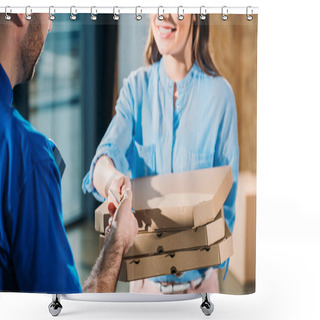 Personality  Close-up View Of Woman Holding Stack Of Pizzas In Boxes And Passing Card For Courier Shower Curtains