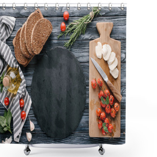 Personality  Ingredients For Sandwiches With Cheese And Tomatoes On Dark Wooden Table Shower Curtains