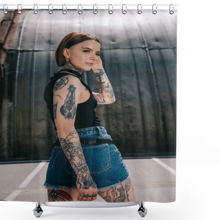 Personality  Attractive Girl With Tattoos Looking Away And Posing At Street Shower Curtains