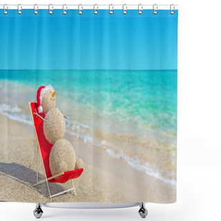 Personality  Sandy Snowman In Santa Hat Sunbathing In Beach Lounge. Shower Curtains