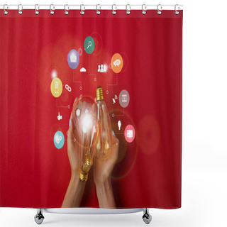 Personality  Woman Holding Vintage Incandescent Lamps With Business Icons On Red Tabletop Shower Curtains