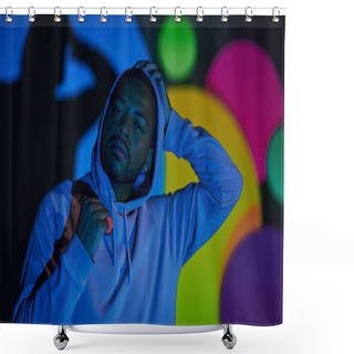 Personality  Portrait Of Young Man With Hood On Looking At Camera In Digital Projector Lights, Fashion Concept Shower Curtains