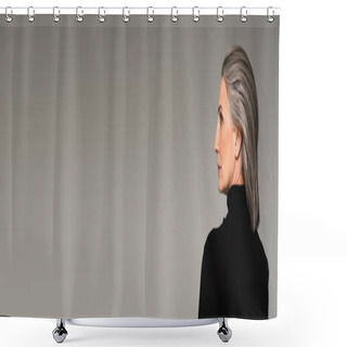 Personality  Side View Of Grey Haired Woman In Black Turtleneck Isolated On Grey, Banner Shower Curtains