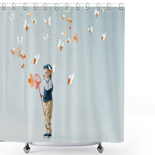 Personality  Cute And Blonde Kid In Retro Vest And Cap Holding Butterfly Net On Grey Background With Fairy Butterflies Shower Curtains