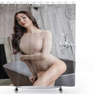 Personality  Studio Portrait Of Beautiful Brunette Woman Wearing Beige Clothes. Charming Beauty Model Posing At Apartments Interior   Shower Curtains