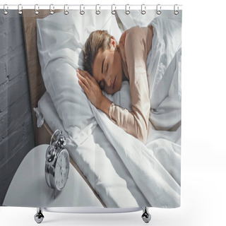 Personality  Young Woman Sleeping Near Alarm Clock On Bedside Table Shower Curtains