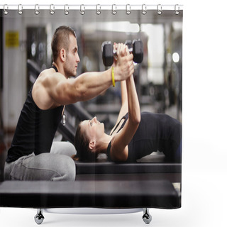 Personality  Personal Trainer Helping Woman At Gym Shower Curtains