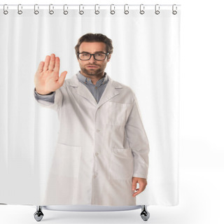 Personality  Young Doctor Showing Stop Gesture Isolated On White  Shower Curtains