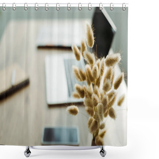 Personality  Selective Focus Of Fluffy Willow Branches Near Digital Devices  Shower Curtains