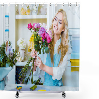 Personality  Beautiful Smiling Female Florist Arranging Bouquet In Flower Shop Shower Curtains
