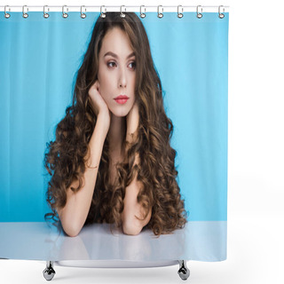 Personality  Thoughtful Young Woman With Long Curly Hair Shower Curtains