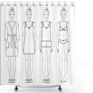 Personality  Set Of Women S Homewear, Sleepwear And Underwear. Bathrobe, Nightgown, Pyjamas And Lingerie On Female Figure. Vector Illustration. Shower Curtains