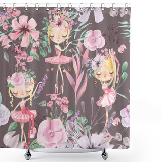 Personality  Vintage Pattern Of Cute Ballerina Girls With Flowers On Dark Background Shower Curtains